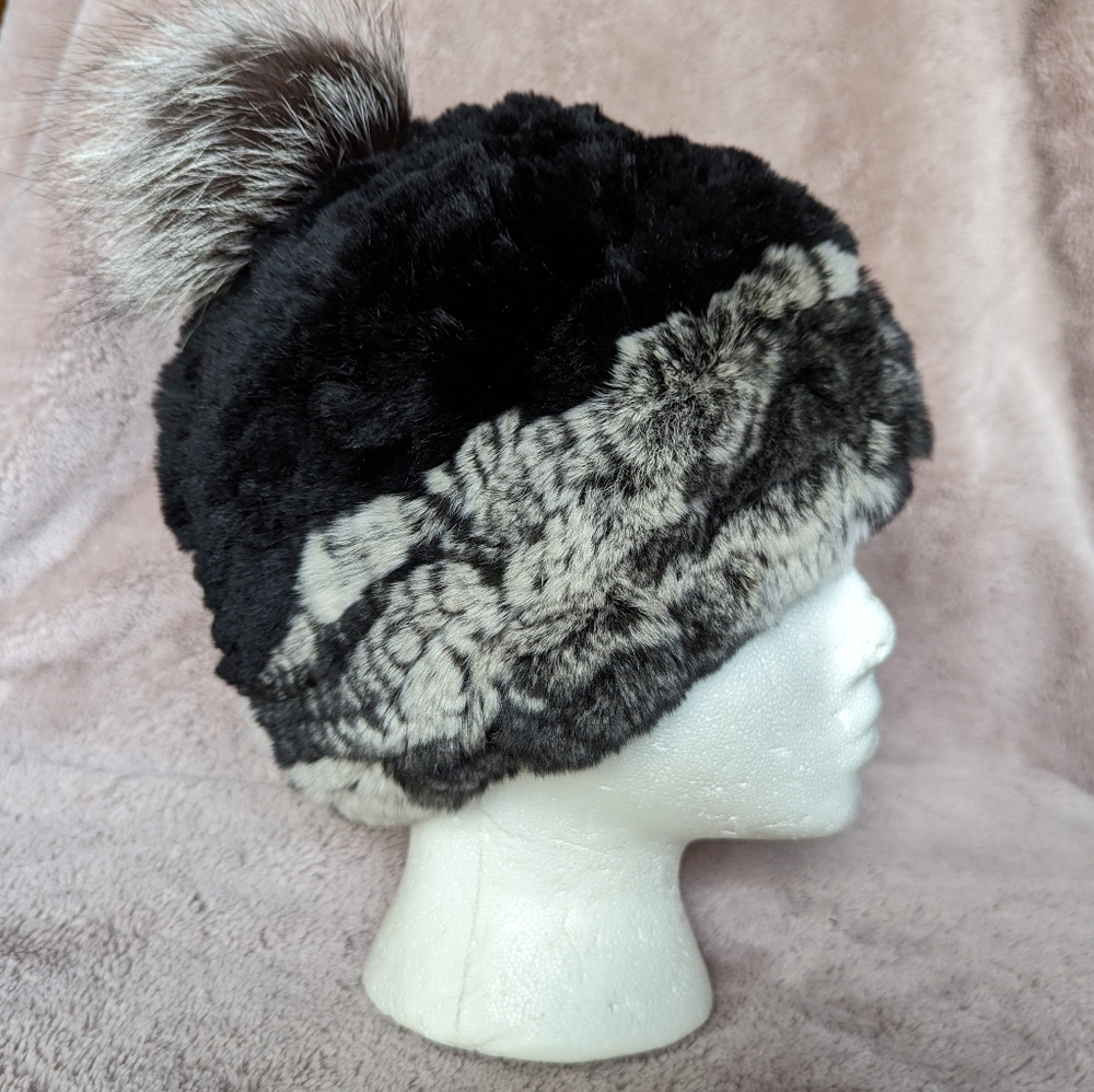 Overland Sheepskin Co Rabbit and Fox Fur Beanie with Pom, Black and Grey